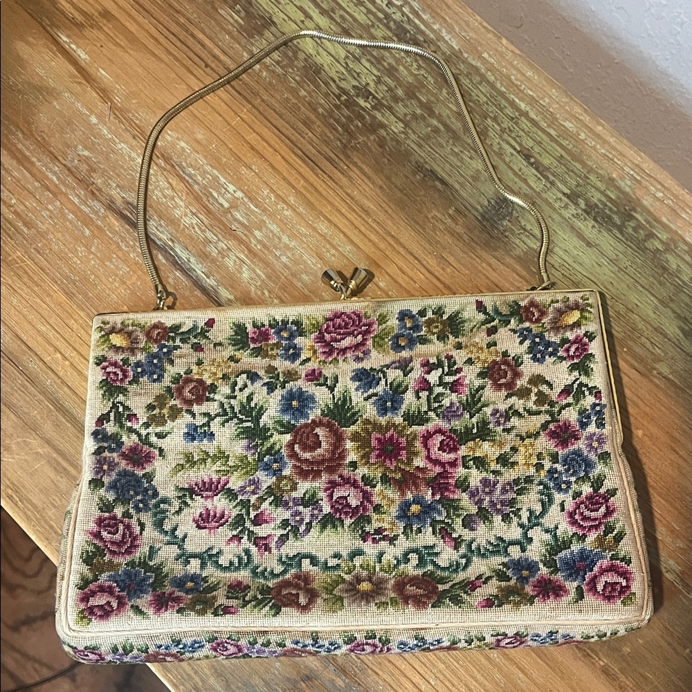 Vintage Floral Needlepoint Evening Clutch with Gold Chain
